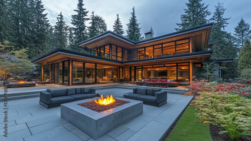 Naklejka premium Modern villa with a spacious outdoor patio and fire pit.