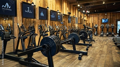 Modern Fitness Center Interior with Exercise Equipment and Wooden Wall Background Design
