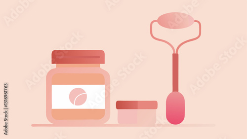 Rose Quartz Roller and Scrub An image of a rose quartz facial roller next to an open jar of scrub symbolizing a holistic approach to skincare.