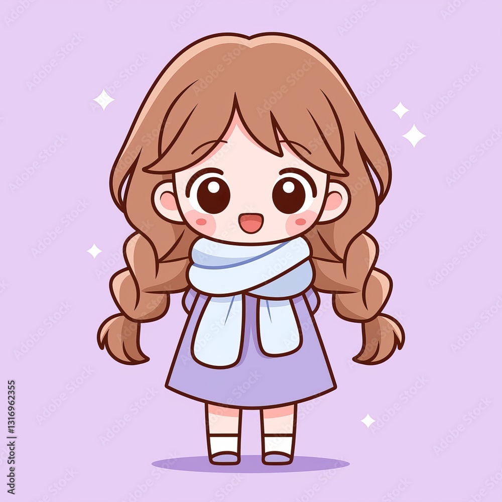 Cute Girl with Scarf, Light Purple Background Cute Girl with Scarf, Light Purple Background