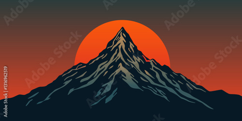 Dramatic Mountain Peak with Red-Orange Sun