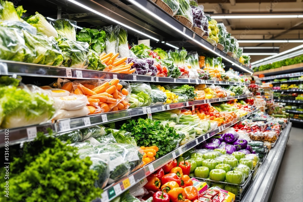 Fresh vegetables neatly arranged on supermarket shelves under bright lighting. Fresh vegetables neatly arranged on supermarket shelves under bright lighting.