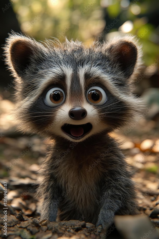 Cute animated raccoon character with large eyes, surprised expression in a forest setting Cute animated raccoon character with large eyes, surprised expression in a forest setting