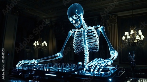 dj skeleton plays music at a disco, party, nightlife,