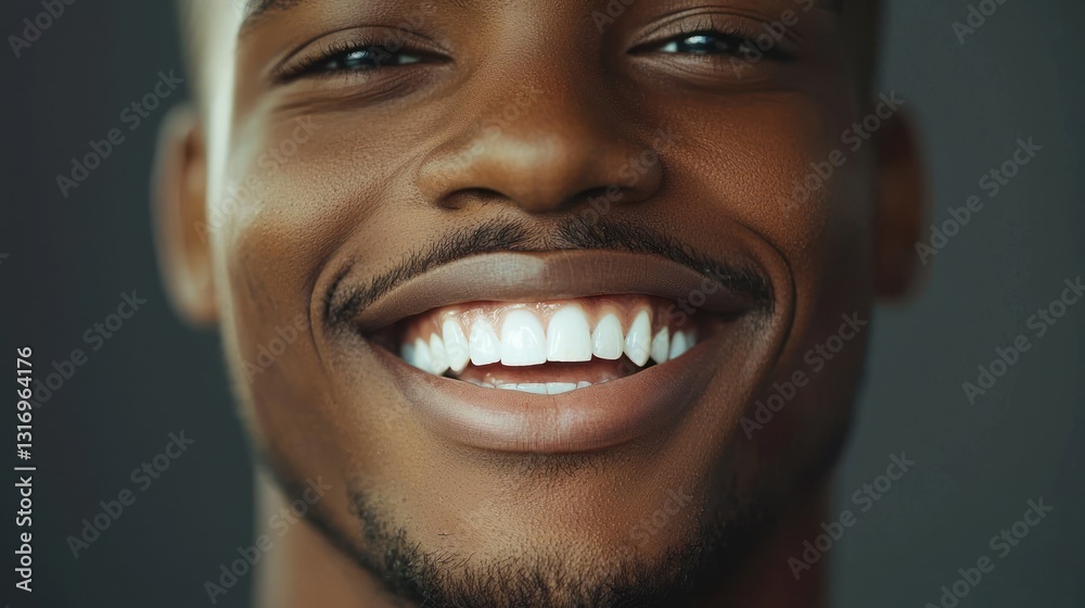 Fototapeta premium Close-up portrait of a smiling young man with bright white teeth and a happy expression.