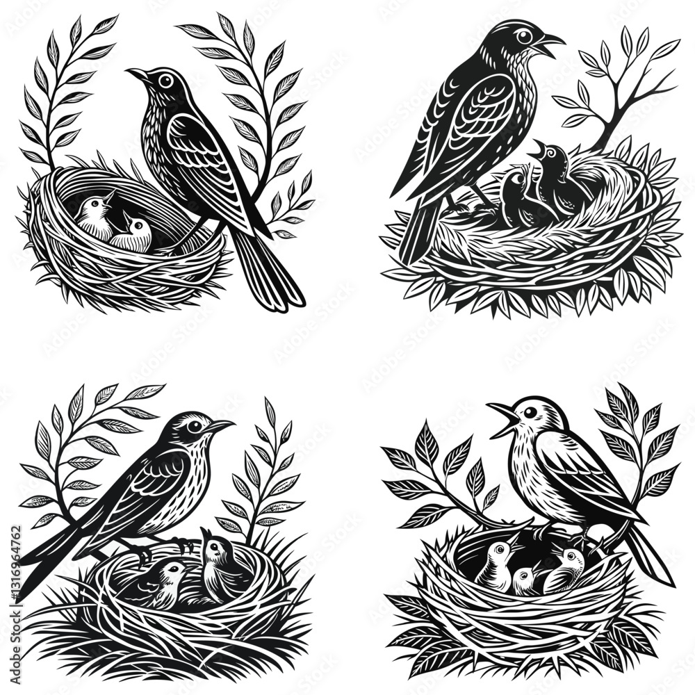 Obraz premium Mother Bird Feeding Chicks Nesting Birds Silhouette.