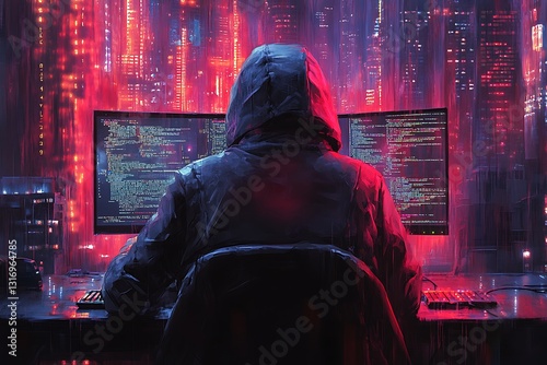 Rear view of incognito hacker using computer for organizing massive data breach attack on corporate servers. Secret location surrounded by displays, servers and cables. Anonymous Hacker in a Rainy Cy
