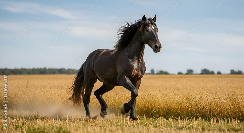 Horse Running Freely in an Open Field