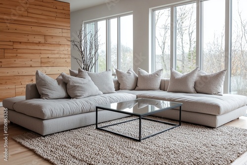 A modern minimalist interior design in a living room with a wall finish using wood and sofa and Kerr table. Generative AI
