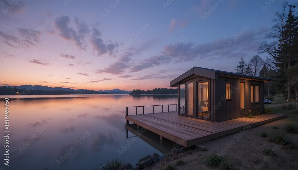 Modern Tiny House by Serene Lakefront at Twilight Modern Tiny House by Serene Lakefront at Twilight