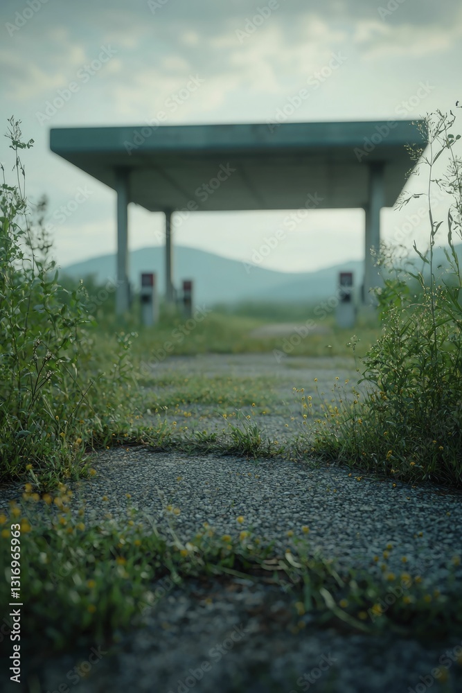 An abandoned gas station, its pumps overgrown with weeds, symbolizes the decline of the energy sector and environmental neglect.
