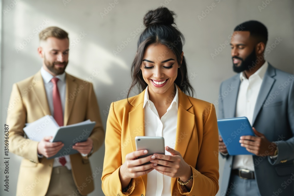 Business professionals holding documents and devices on light background. Business professionals holding documents and devices on light background.