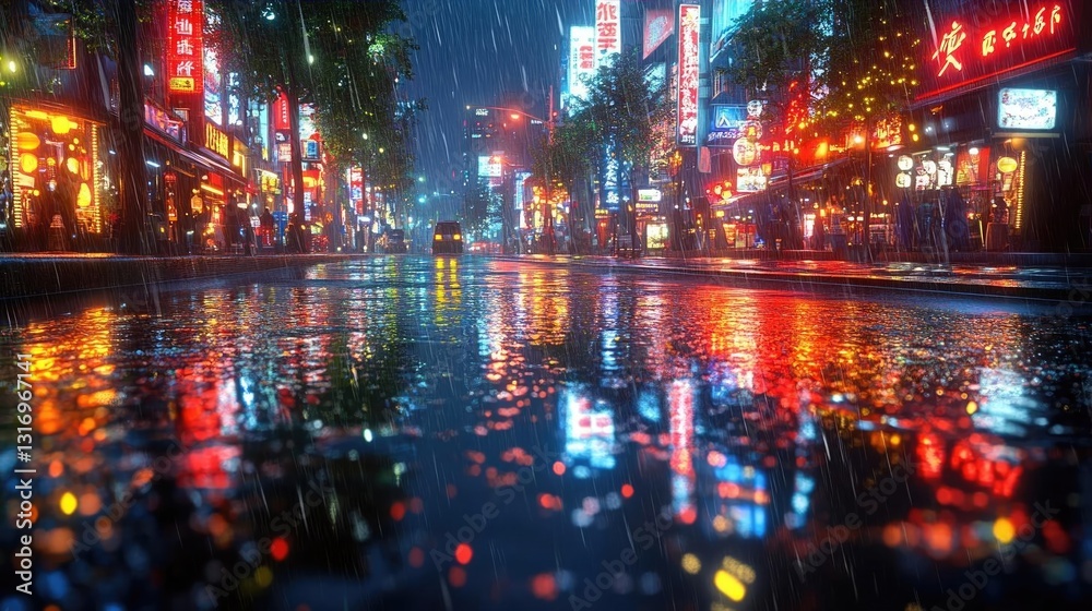 Fototapeta premium Vibrant city street illuminated by neon lights during a rainy night, reflecting colors on wet pavement