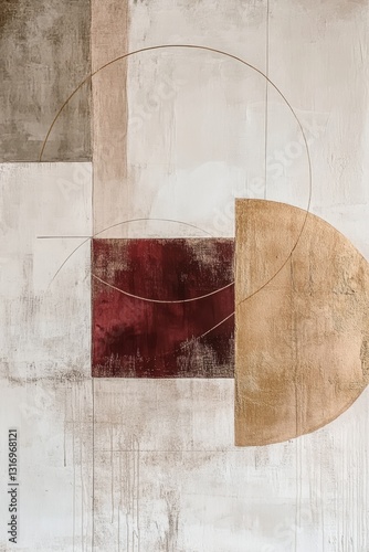Abstract Art Painting of Shapes in Boho Minimalist Style Featuring Beige and Burgundy Colors with Gold Foil Line