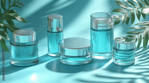 Teal skincare display, tropical leaves (1)