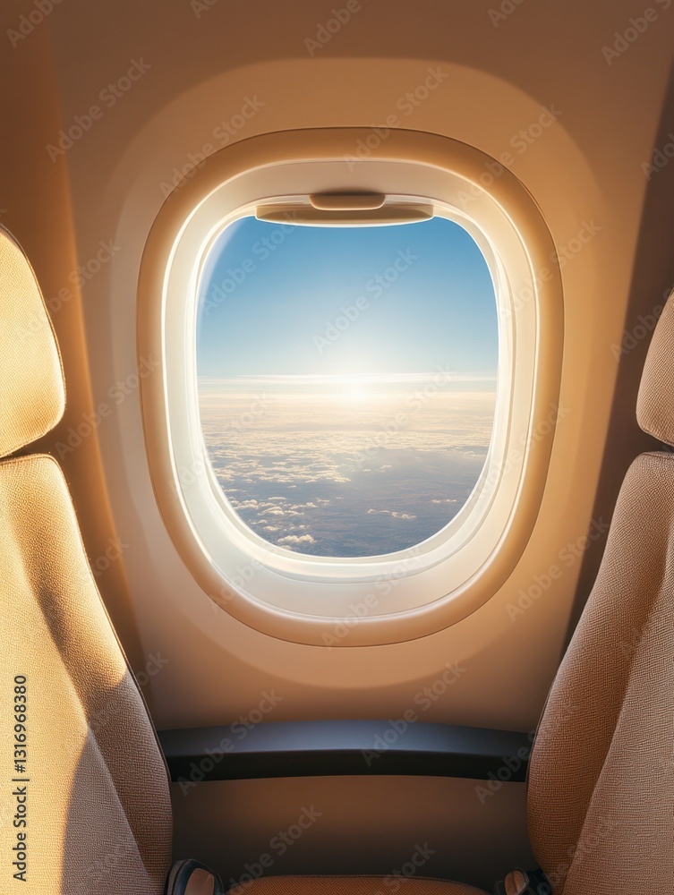 Serene aerial vista from airplane window capturing sunlit clouds and blue sky creating tranquil travel atmosphere Serene aerial vista from airplane window capturing sunlit clouds and blue sky creating tranquil travel atmosphere