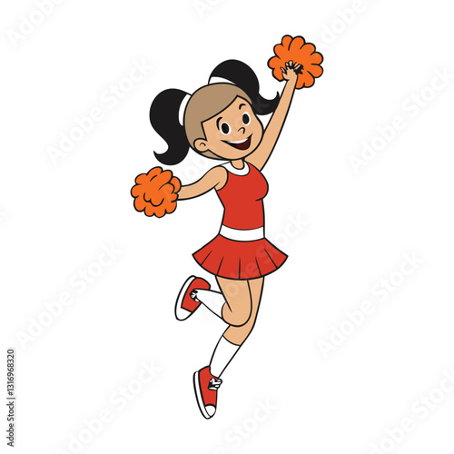 A cheerful cheerleader girl, full of energy and enthusiasm, smiles brightly while holding pom-poms, radiating positivity and team spirit, ready to inspire and uplift the crowd.