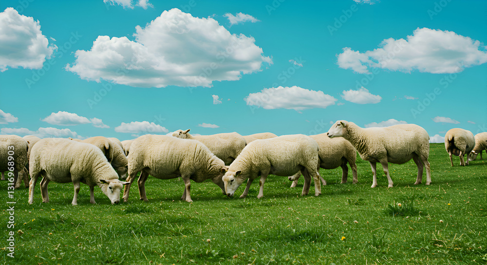 Sheep Grazing on a Lush Field Sheep Grazing on a Lush Field
