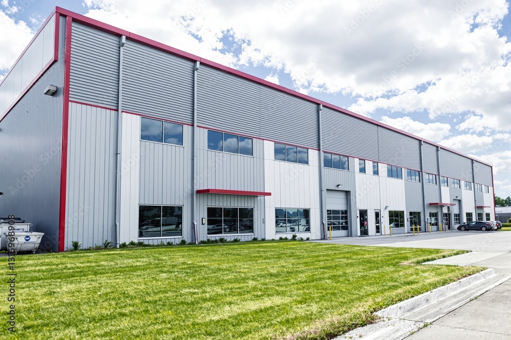 Modern industrial building with large windows and red accents. Modern industrial building with large windows and red accents.