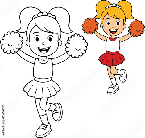 A cheerful cheerleader girl, full of energy and enthusiasm, smiles brightly while holding pom-poms, radiating positivity and team spirit, ready to inspire and uplift the crowd.