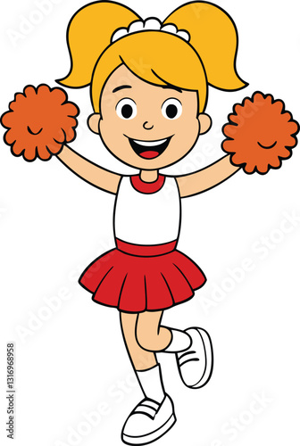 A cheerful cheerleader girl, full of energy and enthusiasm, smiles brightly while holding pom-poms, radiating positivity and team spirit, ready to inspire and uplift the crowd.