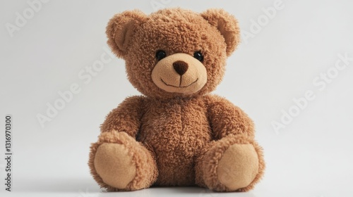A cozy brown teddy bear sits gracefully on a pristine white backdrop, inviting warmth and comfort with its gentle gaze