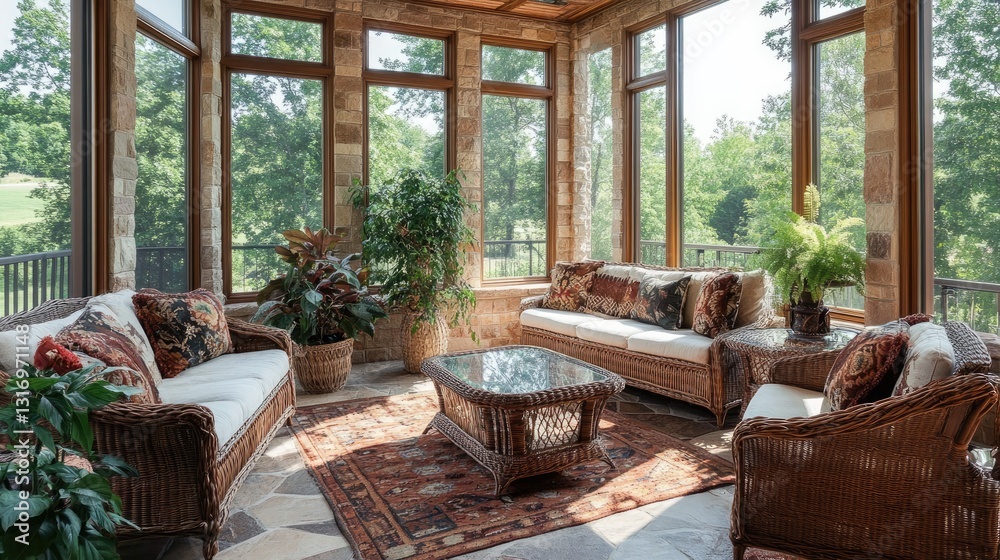 Fototapeta premium Scenic sunroom with wicker furniture, large glass windows, and indoor plants.