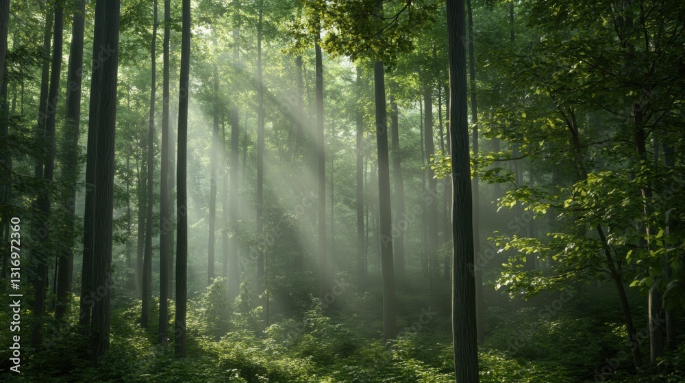 Fototapeta premium Dense green forest with tall trees illuminated by soft sunlight filtering through leaves