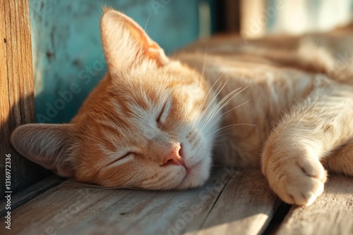 Elderly cat basking in warm sunlight, enjoying a peaceful moment on a wooden surface photo