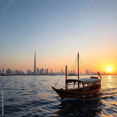 Traditional dhow sailing near doha skyline during golden hour sunset