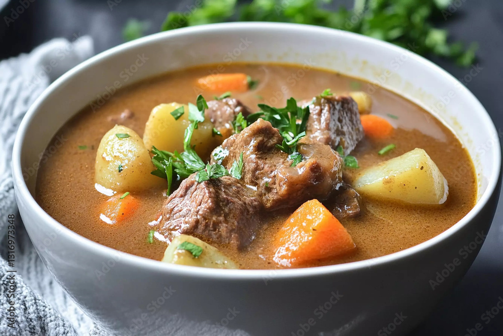 Hearty beef stew with tender chunks, vegetables, and aromatic herbs in a rustic kitchen setting Hearty beef stew with tender chunks, vegetables, and aromatic herbs in a rustic kitchen setting