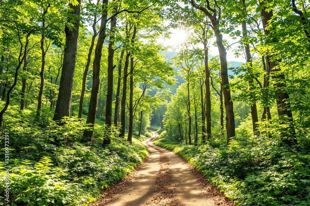 Fototapeta premium Serene forest path with sunlight filtering through lush green trees.