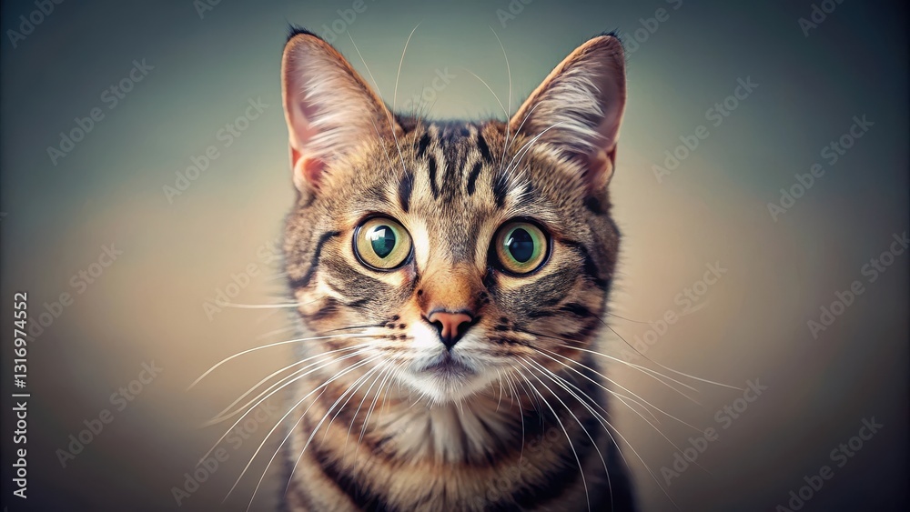 Whiskered feline with a wide-eyed stare, mischievous cat, playful kitty Whiskered feline with a wide-eyed stare, mischievous cat, playful kitty