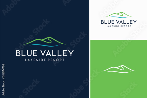 Minimalist Landscape Rolling Hills Valley with Water for Mountain Peaks River Creek Lake Simple logo design