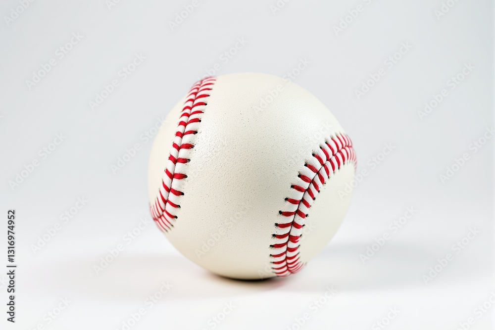 Baseball closeup with red stitches on light gray background.