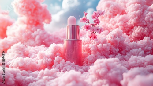 Pink cosmetic product, clouds, flowers