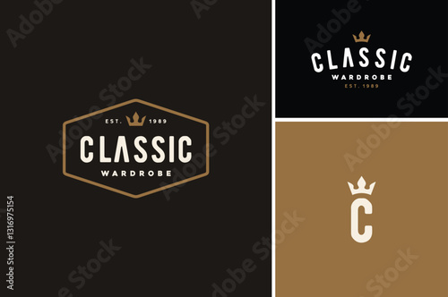 King Crown Simple Classic Minimalist Vintage Retro Label Badge logo design for premium classy man cloth apparel gentleman wardrobe logo