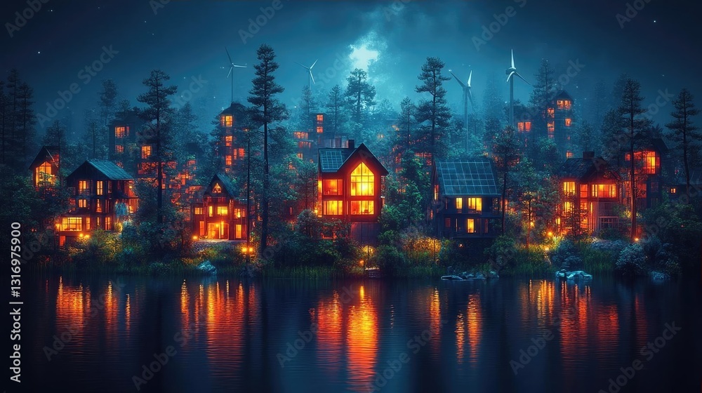 Naklejka premium Tranquil lakeside village illuminated at night with wind turbines in the background