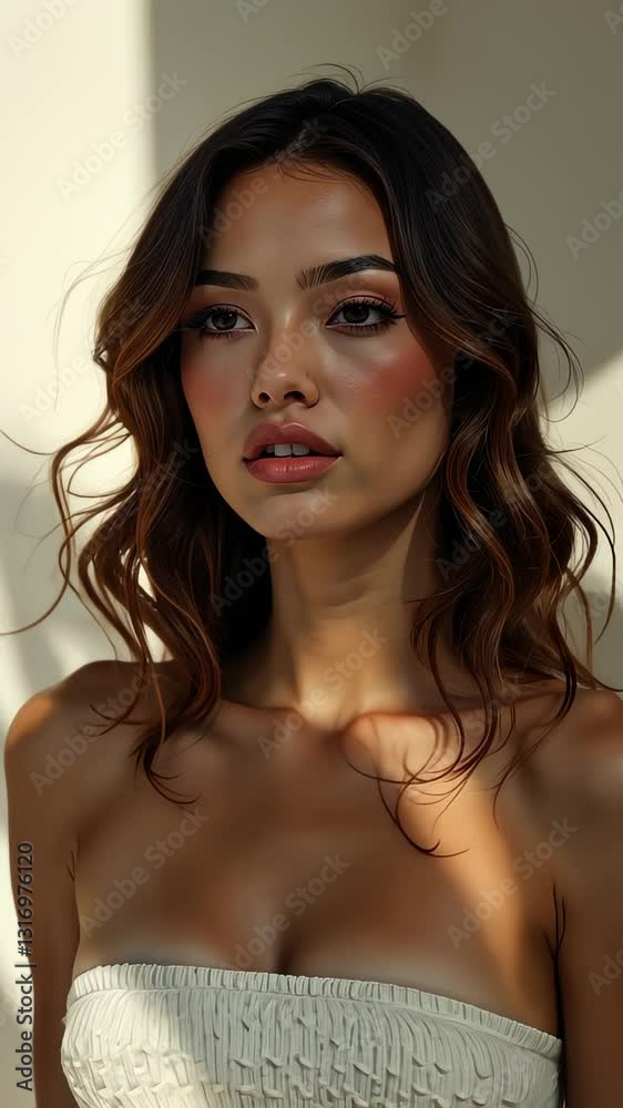 A stunning woman stands gracefully, bathed in warm sunlight. her soft, wavy hair frames her face, complemented by natural makeup. the serene expression evokes a sense of tranquility and poise. A stunning woman stands gracefully, bathed in warm sunlight. her soft, wavy hair frames her face, complemented by natural makeup. the serene expression evokes a sense of tranquility and poise.