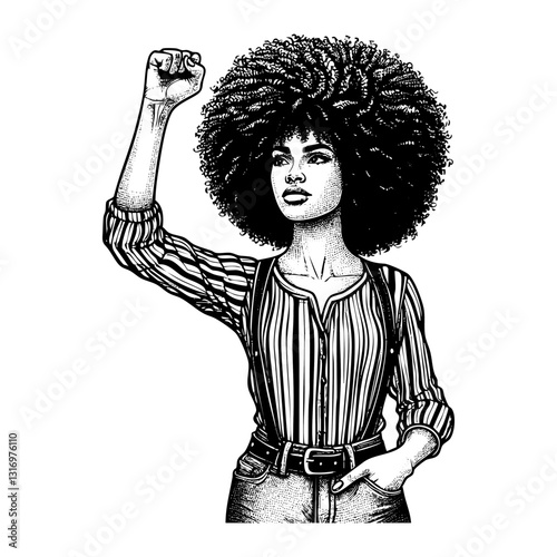 African woman raise fist hand sketch engraving black and white outline. Scratch board imitation.  illustrated in vintage line art style on a white background.
