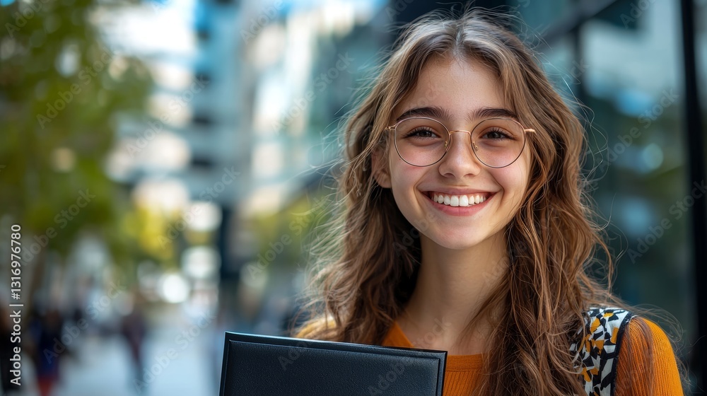 Fototapeta premium Teenage girl graduates proudly against modern university backdrop