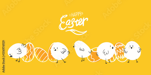 Yellow banner with hand drawn cute chicks and eggs.  Awesome font mix written Happy Easter. Cute and playful banner design for Easter print or social media post.