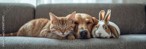 National Pet Day with a cat, dog, and rabbit sleeping together on a couch.