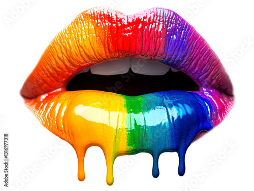 Rainbow Lips with Colorful Drips and Glossy Texture Isolate on Transparent Background, cutout, png