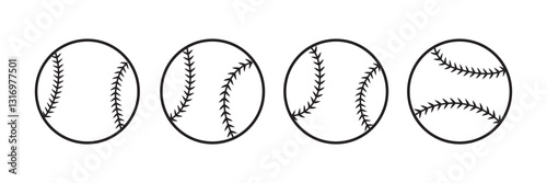 Minimalist Baseball Icon Set, A collection of three baseball icons in simple line art style, representing sports, recreation, and team activities in a clean design.