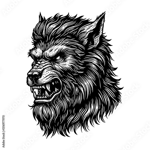 Werewolf sketch engraving sketch engraving black and white outline. Scratch board imitation.  illustrated in vintage line art style on a white background.
