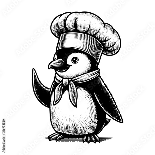 Penguin wear chef hat sickle sketch engraving black and white outline. Scratch board imitation.
