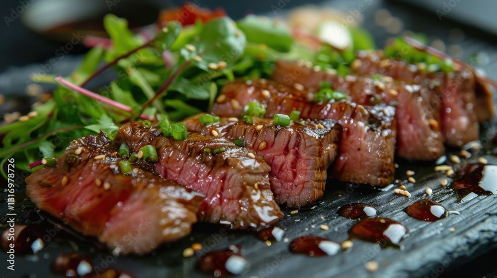 Deliciously Grilled Beef with Green Garnish and Drizzled Sauce on Black Slate Serving Board Deliciously Grilled Beef with Green Garnish and Drizzled Sauce on Black Slate Serving Board
