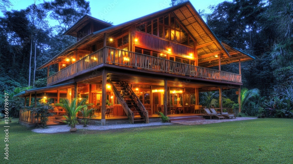 Obraz premium Tropical rainforest two-story house with natural materials, wooden stairs, and lush surroundings.