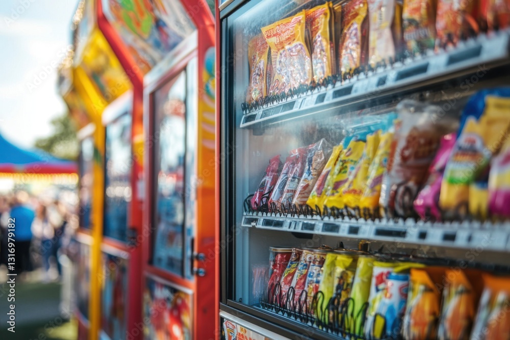 Naklejka premium Colorful Vending Machine Display at a Busy Fairground Event